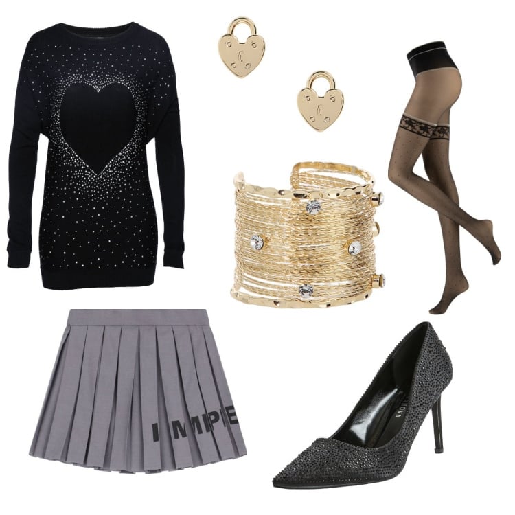 Outfit donna - My Valentine. Stile Romantica per Serata fuori. Abbinamento con pullovers, décolleté, collant, minigonne, braccialetti, orecchini.