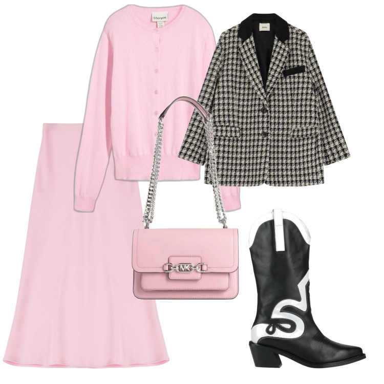 Outfit donna - Mi piace il rosa. per Tutti i giorni. Abbinamento con cardigans, stivali, borse a spalla, gonne longuette, blazer.