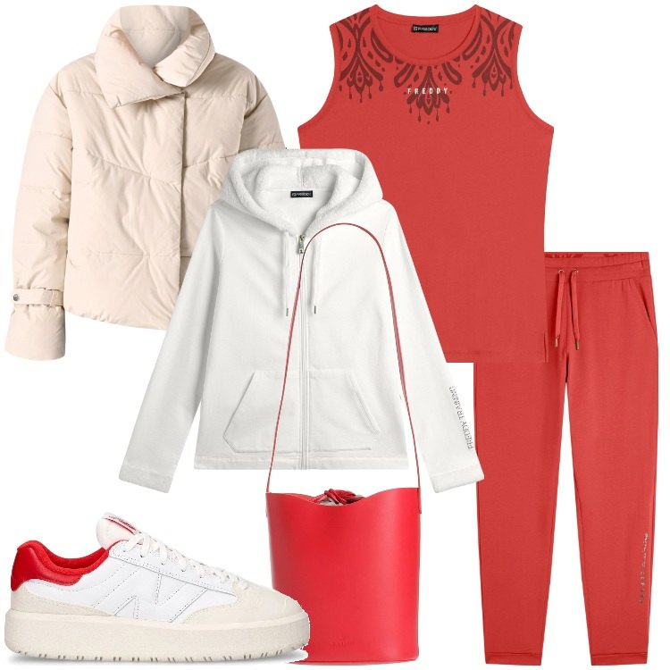 Outfit donna - Rosso in palestra. Stile Casual per Sport. Abbinamento con borse a mano, piumini, felpe con cappuccio, pantaloni sportivi, top sportivi, sneakers.