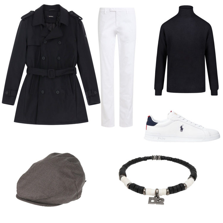 Outfit uomo - Elegantemente. Stile Casual Abbinamento con braccialetti, cappelli, pantaloni chino, trench, sneakers, maglieria.