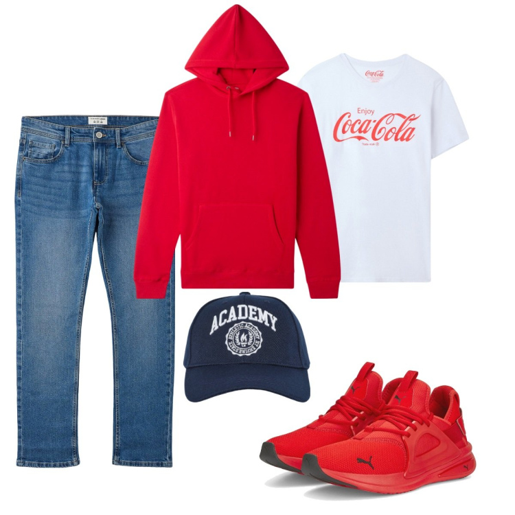 Outfit uomo - Total look #2059407. Stile Casual per Tutti i giorni. Abbinamento con felpe con cappuccio, cappelli con visiera, t-shirt, jeans, sneakers.