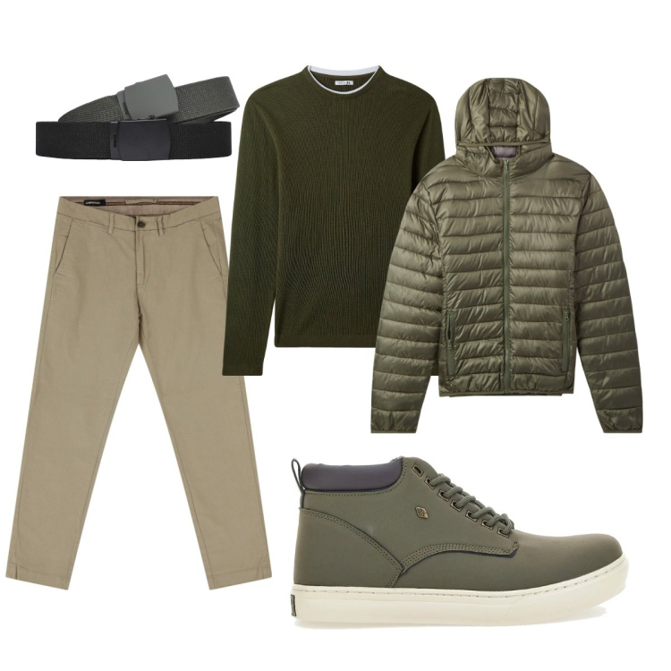 Outfit uomo - Total look #2059410. Stile Urban per Tutti i giorni. Abbinamento con piumini, maglieria, cinture, pantaloni chino, stivali e stivaletti.