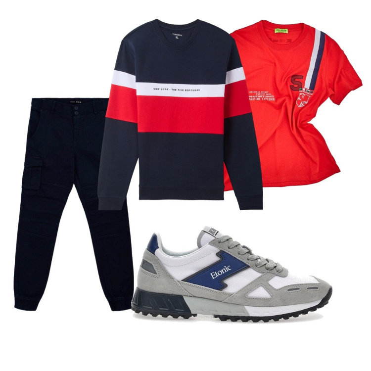 Outfit uomo - Total look #2059436. Stile Casual per Tutti i giorni. Abbinamento con felpe con cappuccio, pantaloni cargo, t-shirt, sneakers.