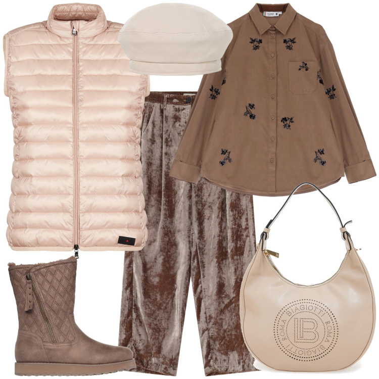 Outfit donna - Paris. Stile Trendy per Tutti i giorni. Abbinamento con camicie, piumini, pantaloni, cappelli e berretti, borse a spalla, stivaletti.