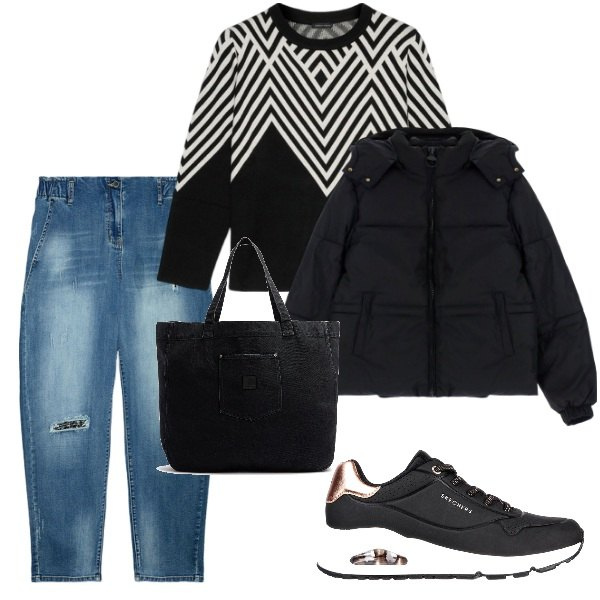Outfit donna - Total look #2059451. Stile Basic per Tutti i giorni. Abbinamento con piumini, sneakers, jeans dritti, maglieria, shopping bag.
