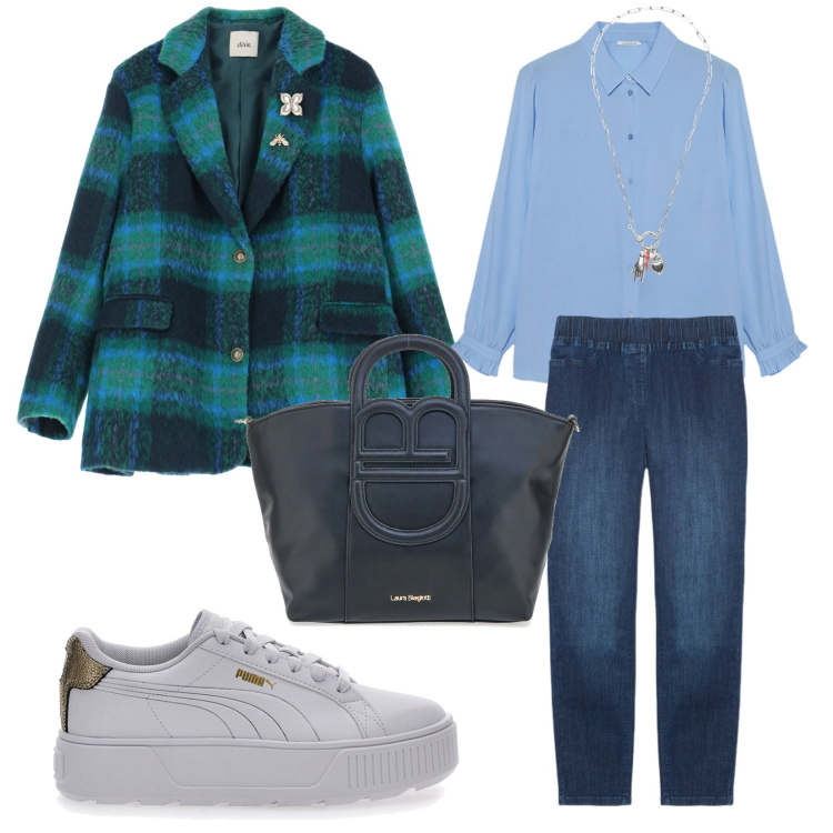 Outfit donna - Lezione a scuola. per Scuola/Università. Abbinamento con ciondoli, blazer, jeggings, camicie, sneakers, borse a tracolla.
