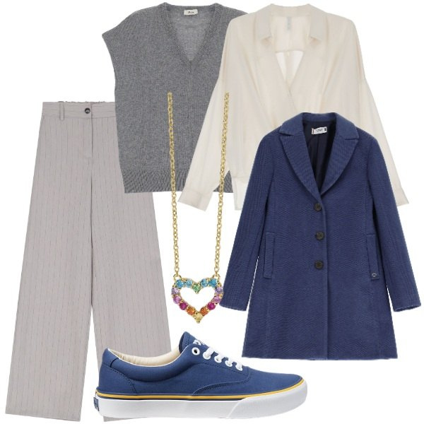 Outfit donna - Total look #2059463. Stile Casual chic per Ufficio. Abbinamento con collane, cappotti, camicie, sneakers, pantaloni a palazzo, gilet.