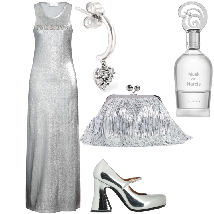 Outfit donna - Silver night. Stile Chic per Serata fuori. Abbinamento con vestiti lunghi, décolleté, profumi, orecchini, pochette.