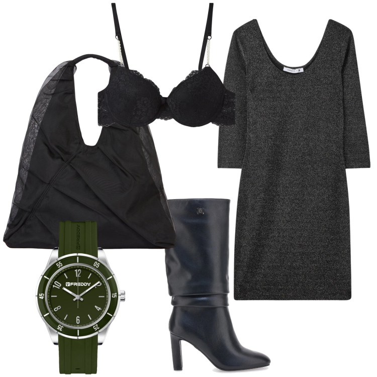 Outfit donna - Ultimi sconti. Stile Bon Ton per Ufficio. Abbinamento con vestiti lunghi, reggiseni a balconcino, orologi, stivali, shopping bag.