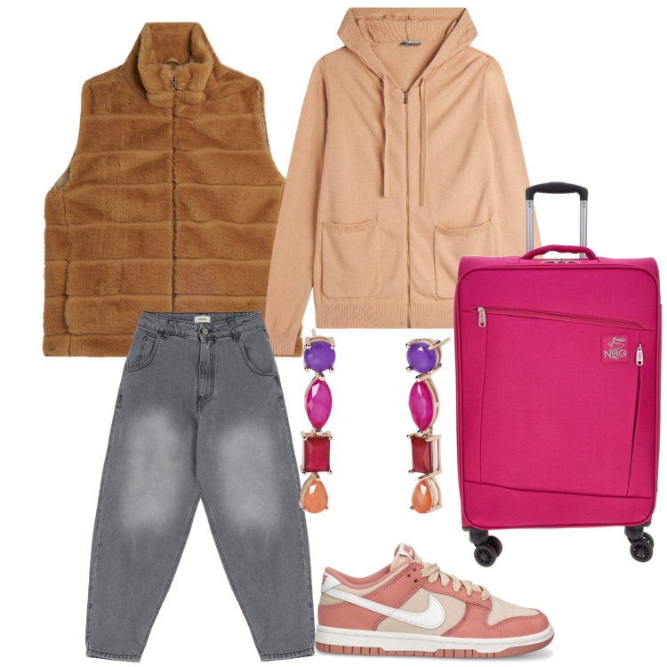Outfit donna - Weekend di San Valentino. Stile Sporty chic per Tutti i giorni. Abbinamento con orecchini, gilet, maglieria, jeans, sneakers, valigie.