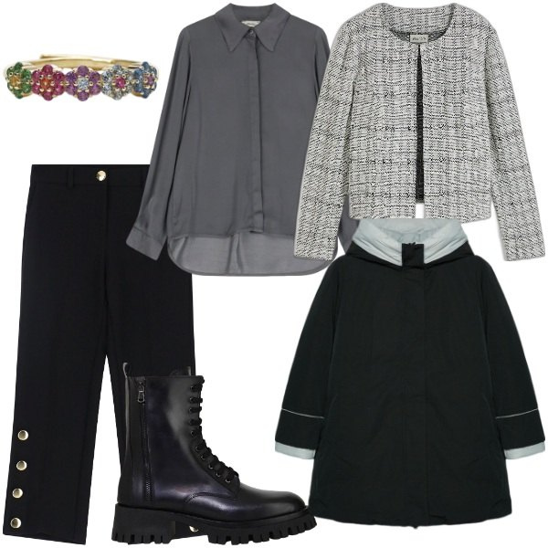 Outfit donna - Total look #2059471. Stile Casual chic per Tutti i giorni. Abbinamento con cardigans, anelli, pantaloni, stivali, camicie, piumini.