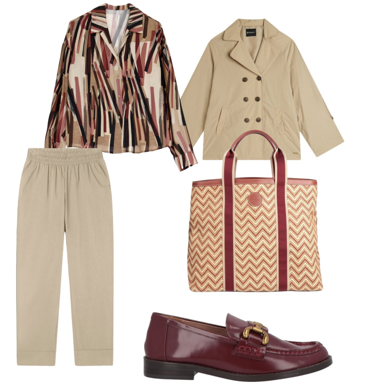 Outfit donna - Fantasie. per Tutti i giorni. Abbinamento con mocassini, borse a mano, camicie, pantaloni, trench.