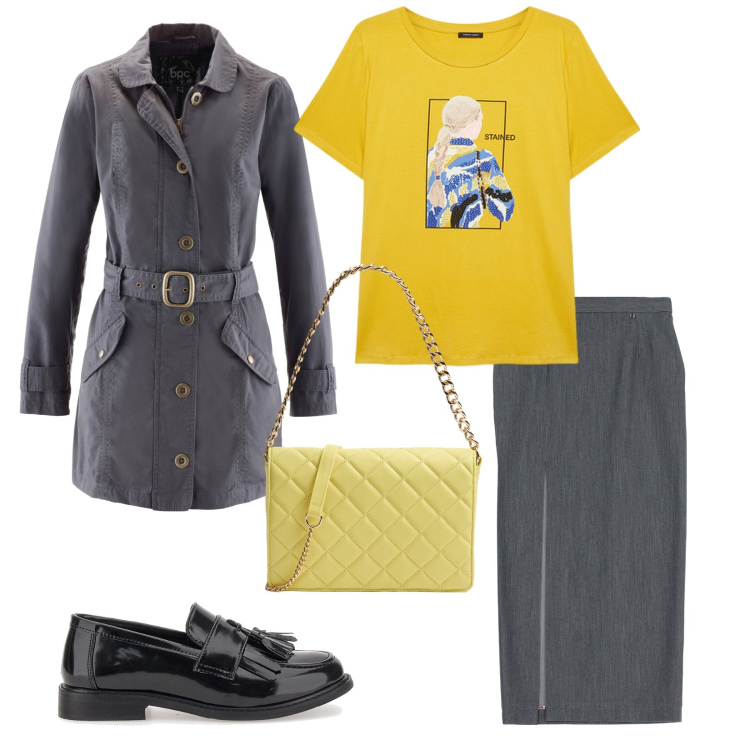 Outfit donna - Il mocassino lucido. per Tutti i giorni. Abbinamento con trench, borse a tracolla, gonne, mocassini, t-shirt.