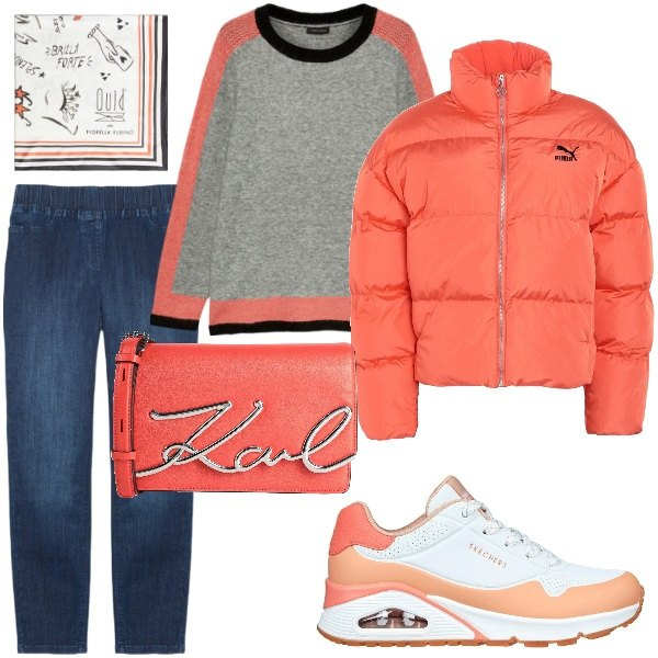 Outfit donna - Total look #2059482. Stile Casual chic per Tutti i giorni. Abbinamento con piumini, borse a tracolla, sneakers, jeggings, maglieria, foulard.