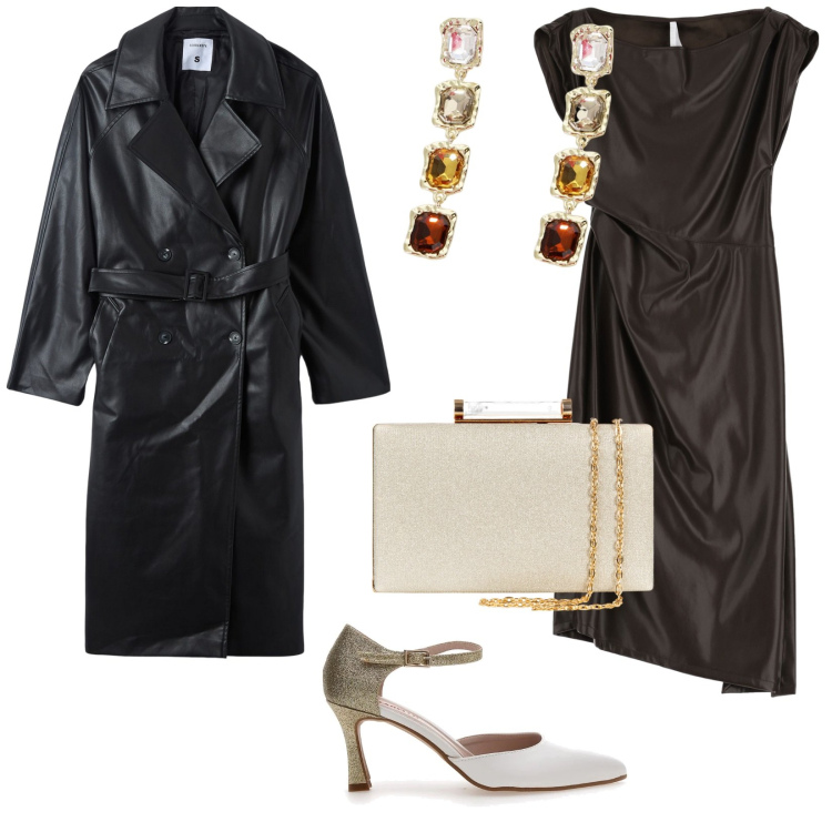 Outfit donna - Uscita serale. per Serata fuori. Abbinamento con trench, clutch, vestiti midi/longuette, orecchini, décolleté.