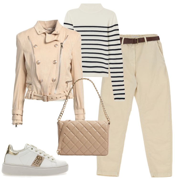Outfit donna - City. Stile Urban per Tutti i giorni. Abbinamento con blazer, maglieria, borse a tracolla, pantaloni, sneakers.