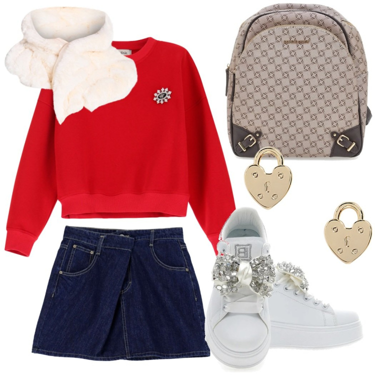 Outfit donna - Pomeriggio al cinema. Stile Preppy per Tutti i giorni. Abbinamento con sciarpe, minigonne, felpe, orecchini, sneakers, zaini.