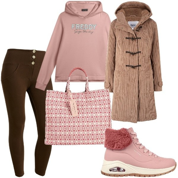 Outfit donna - A spasso per la città. Stile Basic per Tutti i giorni. Abbinamento con montgomery, borse a mano, felpe con cappuccio, pantaloni skinny, stivaletti.