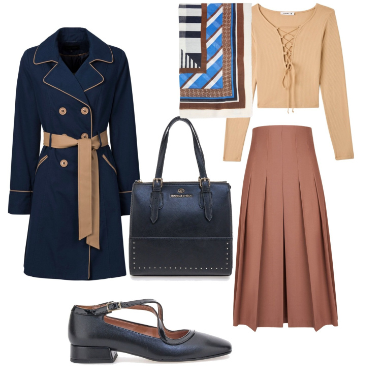 Outfit donna - Ecco fatto. per Ufficio. Abbinamento con trench, t-shirt, ballerine, borse a mano, foulard, gonne longuette.