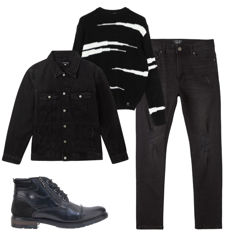 Outfit uomo - Total look #2059525. Stile Casual per Tutti i giorni. Abbinamento con giacche, jeans strappati, maglieria, scarpe stringate.
