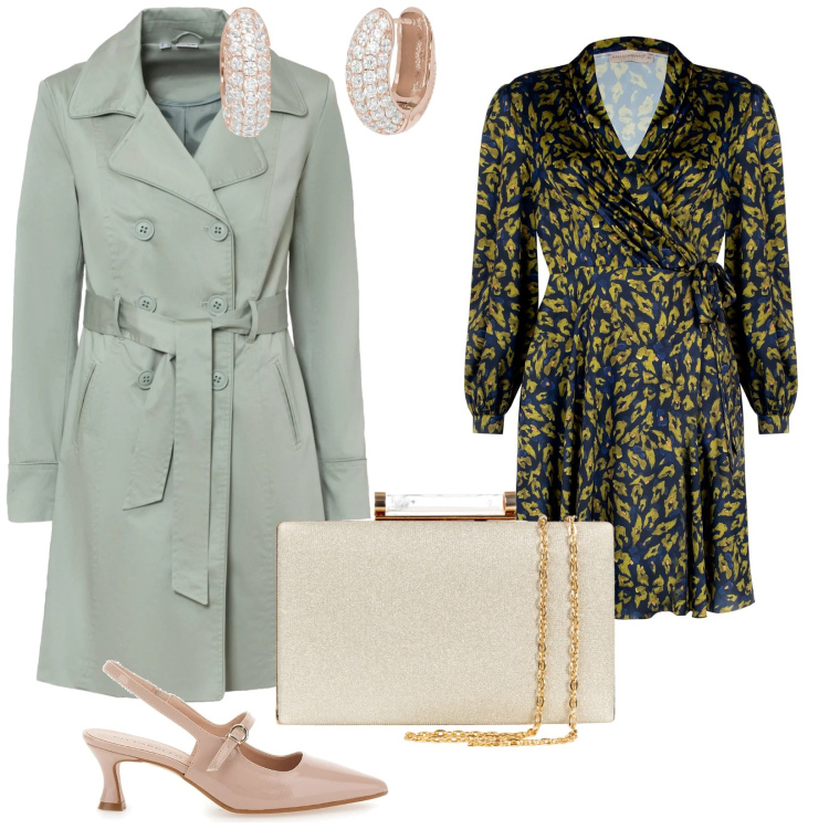 Outfit donna - Le prime cresime. per Cerimonia. Abbinamento con trench, orecchini, vestiti, clutch, décolleté.