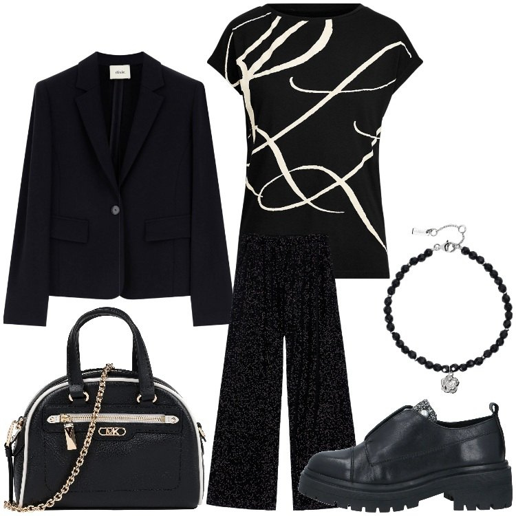 Outfit donna - T- shirt in ufficio. Stile Casual chic per Ufficio. Abbinamento con borse a mano, mocassini, braccialetti, pantaloni a palazzo, blazer, maglieria.