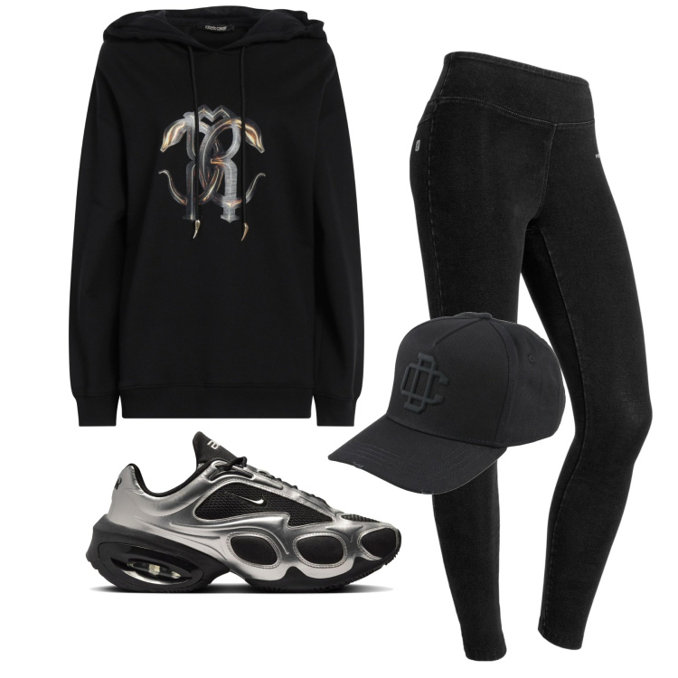 Outfit donna - Steel. Stile Rock per Sport. Abbinamento con felpe con cappuccio, cappelli con visiera, jeggings, sneakers.