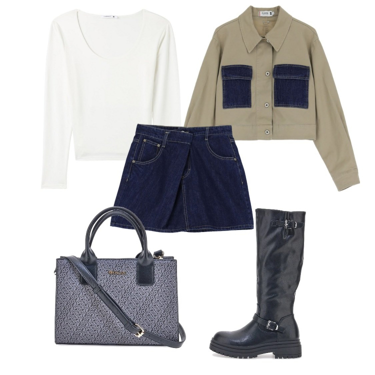Outfit donna - La mini jeans. Stile Casual per Tutti i giorni. Abbinamento con t-shirt, minigonne, blazer, borse a tracolla, stivali.