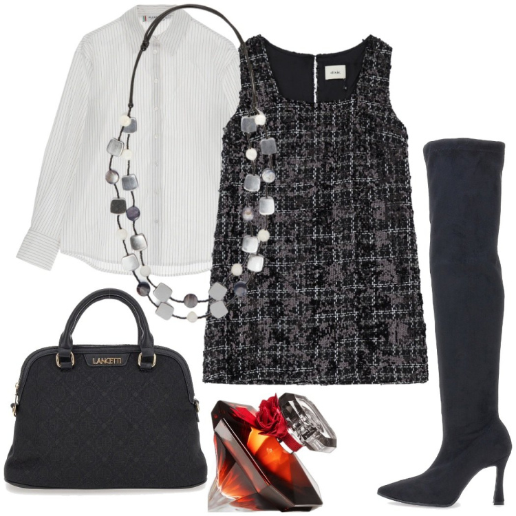 Outfit donna - A cena fuori. Stile Urban per Serata fuori. Abbinamento con profumi, camicie, vestiti corti, borse a spalla, stivali, collane.