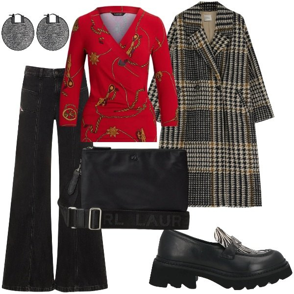 Outfit donna - A spasso per la città. Stile Casual chic per Tutti i giorni. Abbinamento con mocassini, borse a tracolla, maglieria, cappotti, jeans, orecchini.
