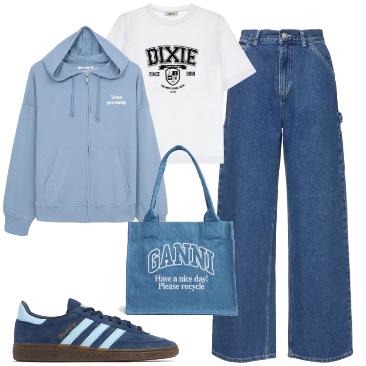 Outfit donna - Weekend. Stile Casual per Tutti i giorni. Abbinamento con felpe con cappuccio, t-shirt, shopping bag, pantaloni, sneakers.