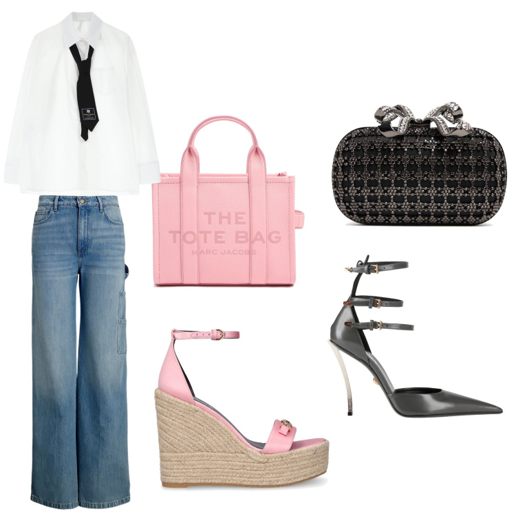 Outfit donna - Una splendida giornata. Stile Sporty chic Abbinamento con décolleté, camicie, jeans, zeppe, pochette, shopping bag.