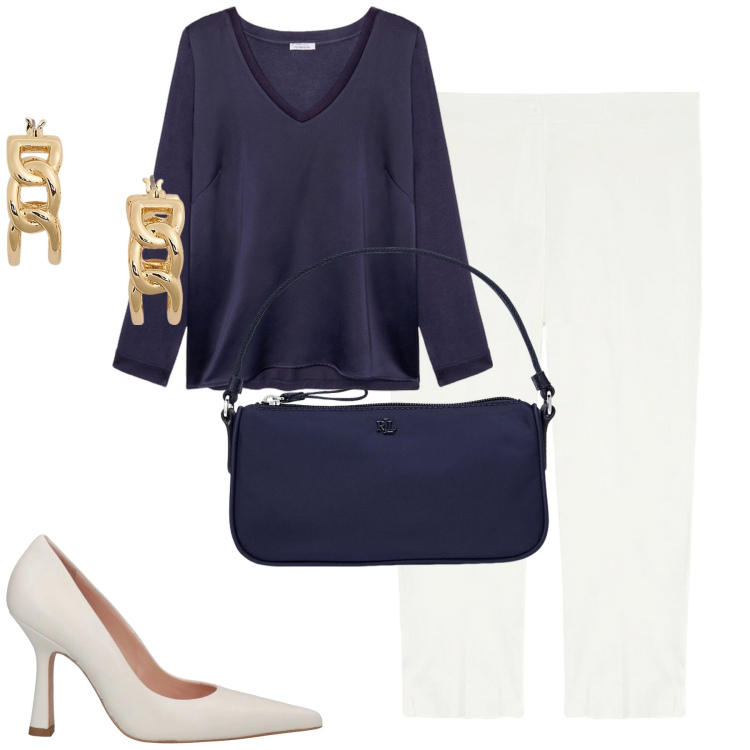 Outfit donna - City. Stile Urban per Tutti i giorni. Abbinamento con décolleté, pochette, orecchini, bluse, pantaloni.