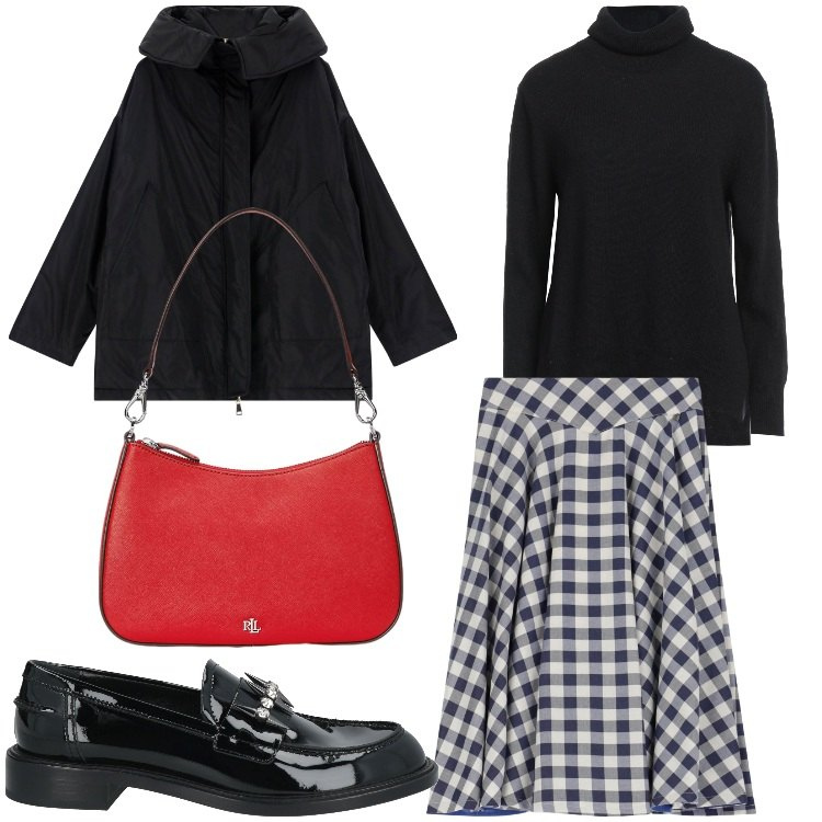 Outfit donna - Rosso e quadretti. Stile Bon Ton per Serata fuori. Abbinamento con mocassini, maglieria, gonne, parka, borse a spalla.