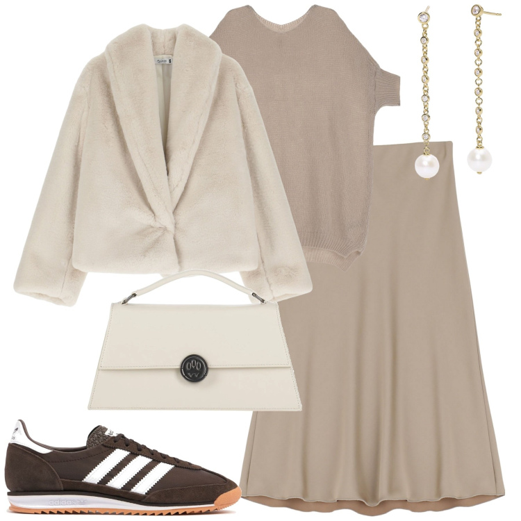 Outfit donna - Trendy and comfy. Stile Trendy per Tutti i giorni. Abbinamento con borse a mano, orecchini, ecopellicce, pullovers, gonne, sneakers.