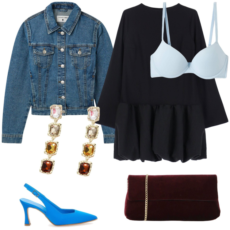 Outfit donna - Anni ottanta con giubbino jeans serale. Stile Vintage retrò per Serata fuori. Abbinamento con reggiseni, blazer, vestiti corti, pochette, orecchini, décolleté.