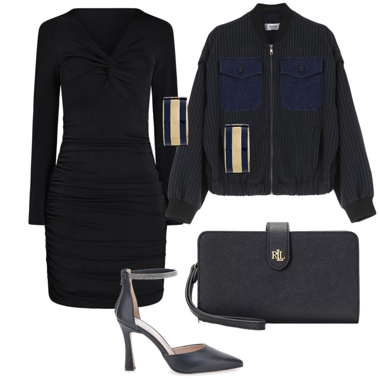 Outfit donna - Black out. Stile Chic per Serata fuori. Abbinamento con vestiti a tubino, bomber, orecchini, pochette, décolleté.