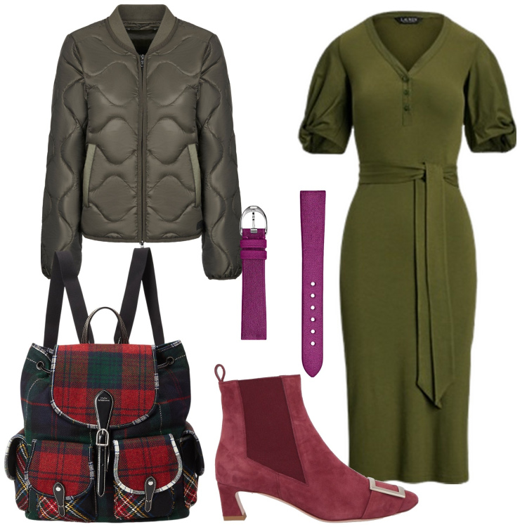 Outfit donna - Verde bosco e bordeaux. Stile Trendy per Ufficio. Abbinamento con stivaletti chelsea, zaini, vestiti, orologi, blazer.