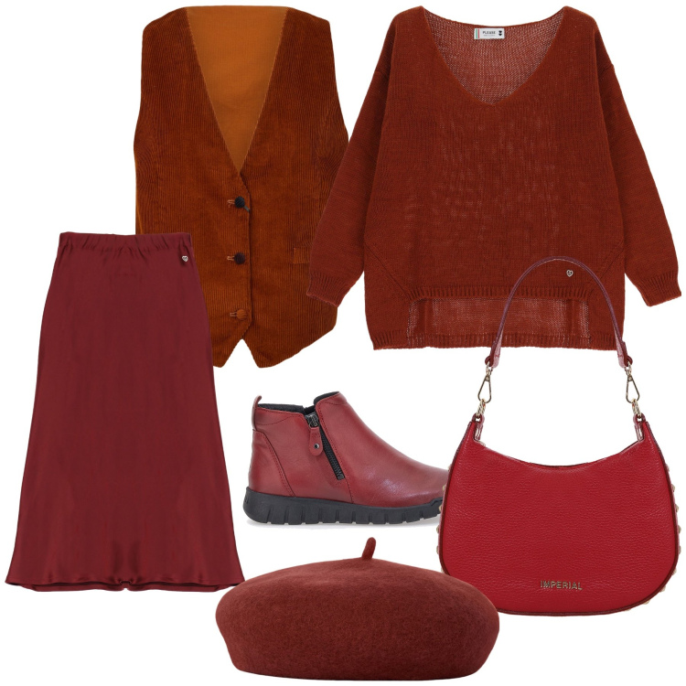 Outfit donna - Monocolore. Stile Urban per Tutti i giorni. Abbinamento con maglieria, gonne, borse a spalla, gilet, cappelli e berretti, stivaletti.