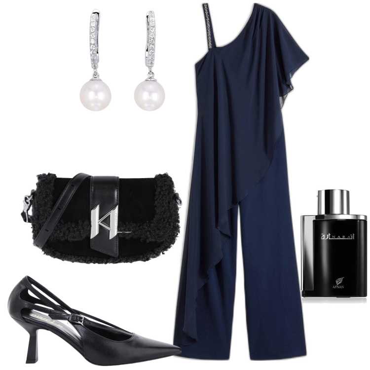 Outfit donna - La tuta da sera. Stile Glamour per Serata fuori. Abbinamento con tute, borse a spalla, profumi, orecchini, décolleté.