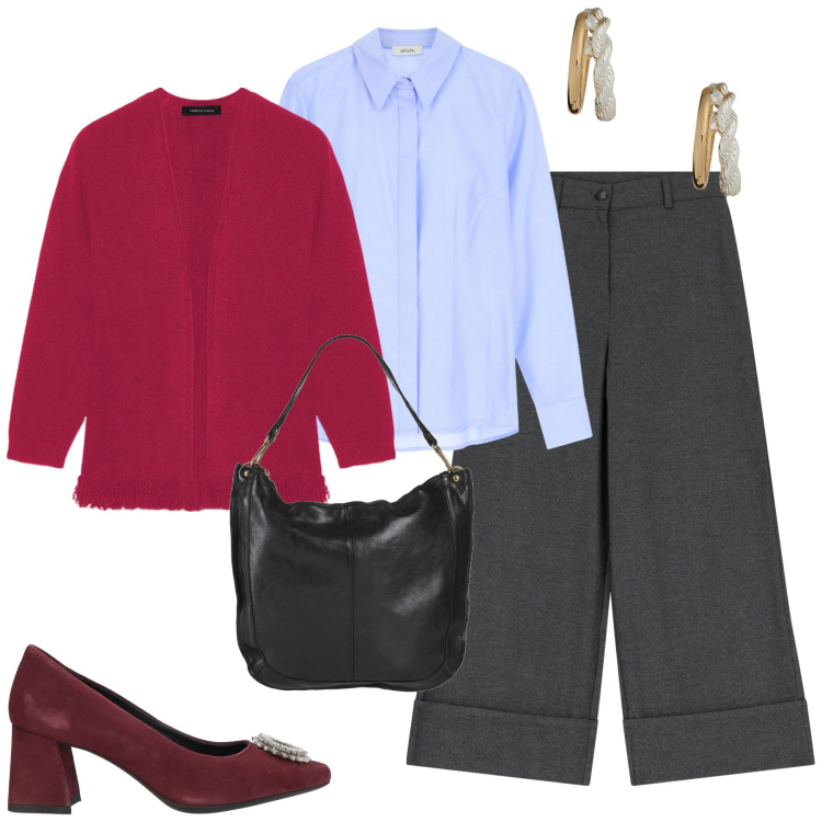 Outfit donna - City. Stile Urban per Tutti i giorni. Abbinamento con décolleté, borse a spalla, camicie, pantaloni, orecchini, cardigans.