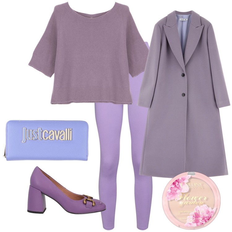 Outfit donna - Pomeriggio da amica. Stile Trendy per Tutti i giorni. Abbinamento con décolleté, portafogli, ciprie, cappotti, maglieria, leggings.