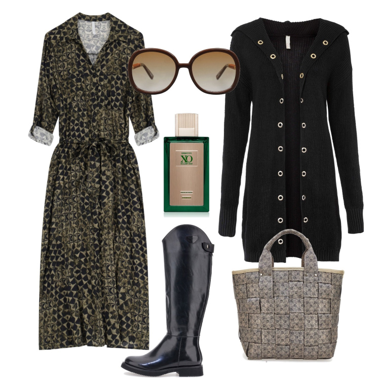 Outfit donna - Abito e cardigan lunghi in ufficio. Stile Trendy per Ufficio. Abbinamento con cardigans, occhiali da sole, profumi, vestiti, stivali, borse a mano.