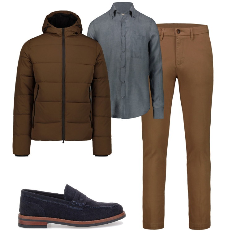 Outfit uomo - City. Stile Urban per Tutti i giorni. Abbinamento con scarpe stringate, piumini, pantaloni chino, camicie.