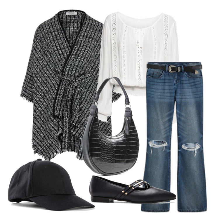 Outfit femme - Février. Style Casual chic pour Tous les jours. Assortir avec tuniques, ballerines, jean bootcut, chapeaux avec visière, manteaux, sacs en bandoulière.