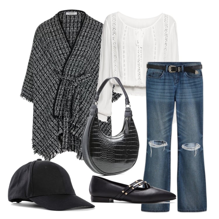 Outfit femme - Février. Style Casual chic pour Tous les jours. Assortir avec tuniques, ballerines, jean bootcut, chapeaux avec visière, manteaux, sacs en bandoulière.