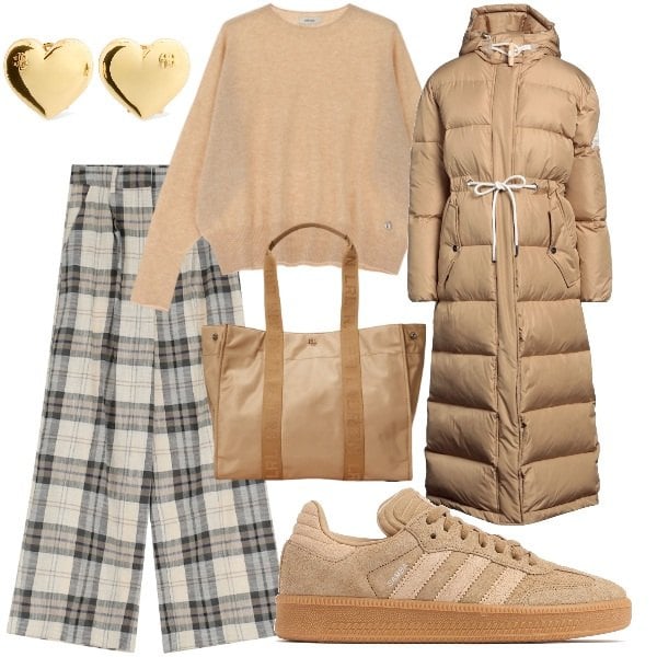 Outfit donna - Total look #2059593. Stile Casual chic per Tutti i giorni. Abbinamento con piumini, borse tote, pantaloni, pullovers, sneakers, orecchini.