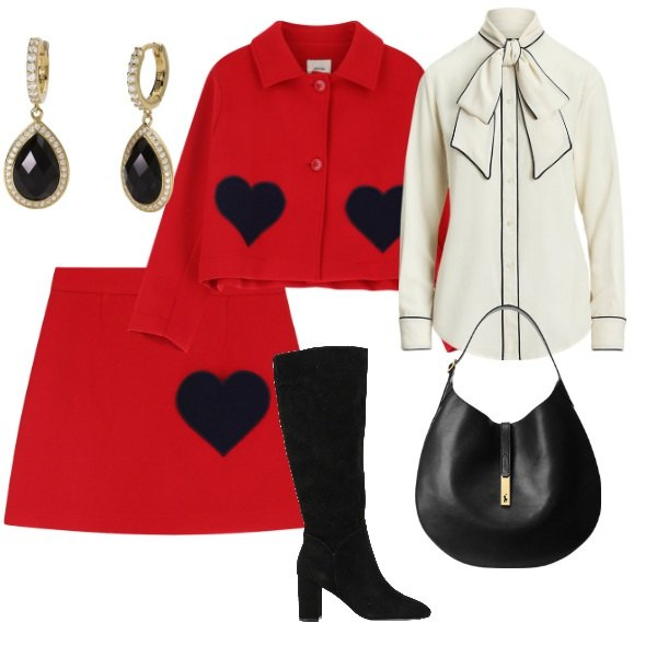 Outfit donna - Serata romantica. Stile Glamour per Serata fuori. Abbinamento con stivali, orecchini, blazer, minigonne, borse a spalla, camicie.