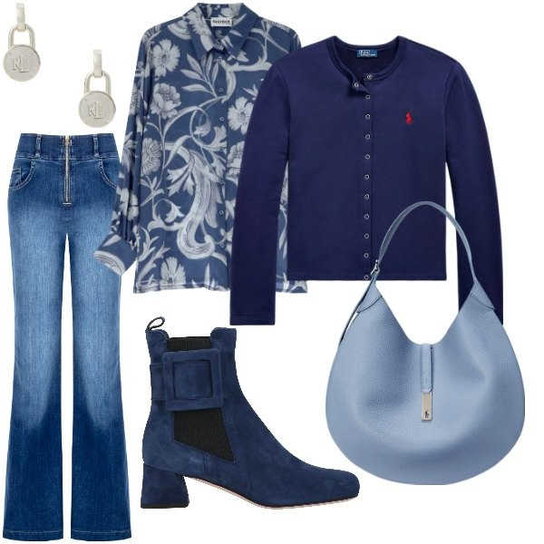 Outfit donna - Total look #2059601. Stile Casual chic per Ufficio. Abbinamento con stivaletti, jeans, camicie, orecchini, cardigans, borse a spalla.