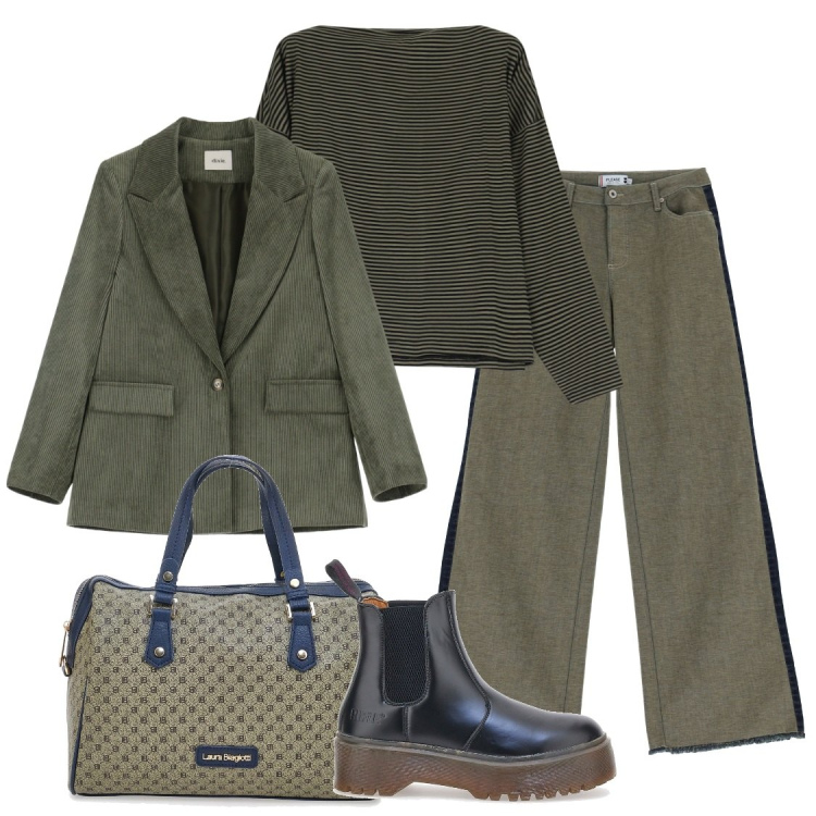 Outfit donna - Verde glamour. Stile Casual per Tutti i giorni. Abbinamento con jeans a zampa, blazer, maglieria, borse a spalla, stivaletti chelsea.